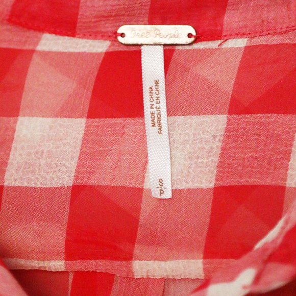 Free People Red Gingham Plaid Semi Sheer Flowy Button Front Shirt Size S Airy - Picture 9 of 15